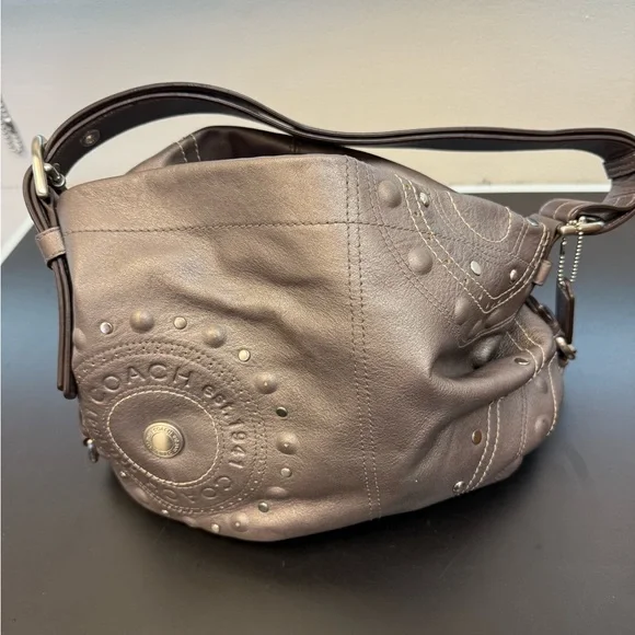 Coach Gray Silver Leather Studded Embossed Shoulder Crossbody Bag - Picture 1 of 7